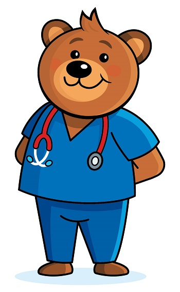 An image of the children's character Dr T Bear for the Vascular Anomalies Service with their arms behind their back.