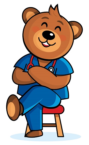 An image of the children's character Dr T Bear for the Vascular Anomalies Service sitting down on a wooden stool.