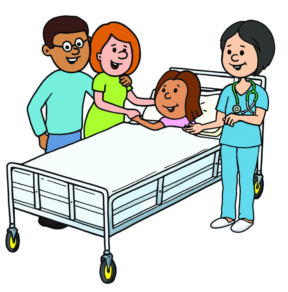 An illustration showing a young girl in a hospital bed with her parents and the doctor standing next to her, caring for her.