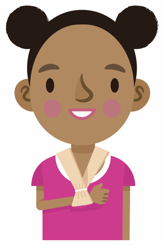 A girl wearing a collar and cuff due to a fracture in her humerus