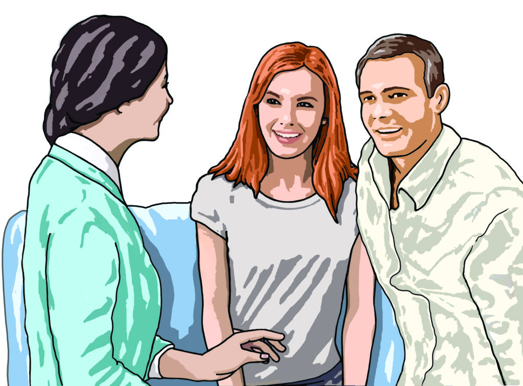 Illustration showing a couple talking with a professional counsellor.