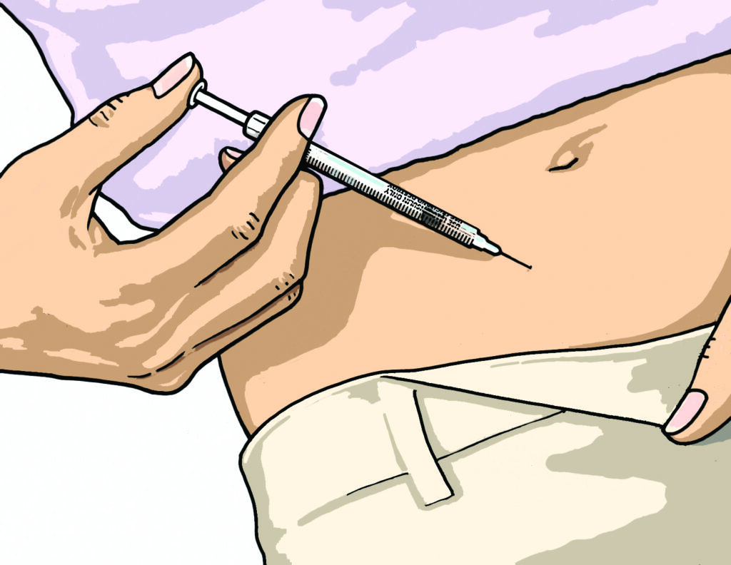 Illustration of a patient giving themselves an injection into the belly skin.