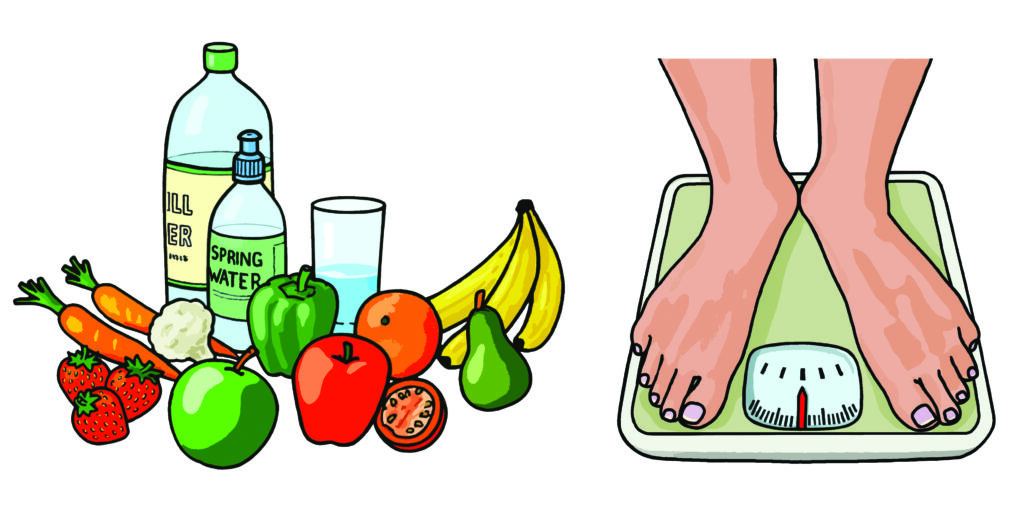 Illustrations of healthy food and drink and some feet on weighing scales.