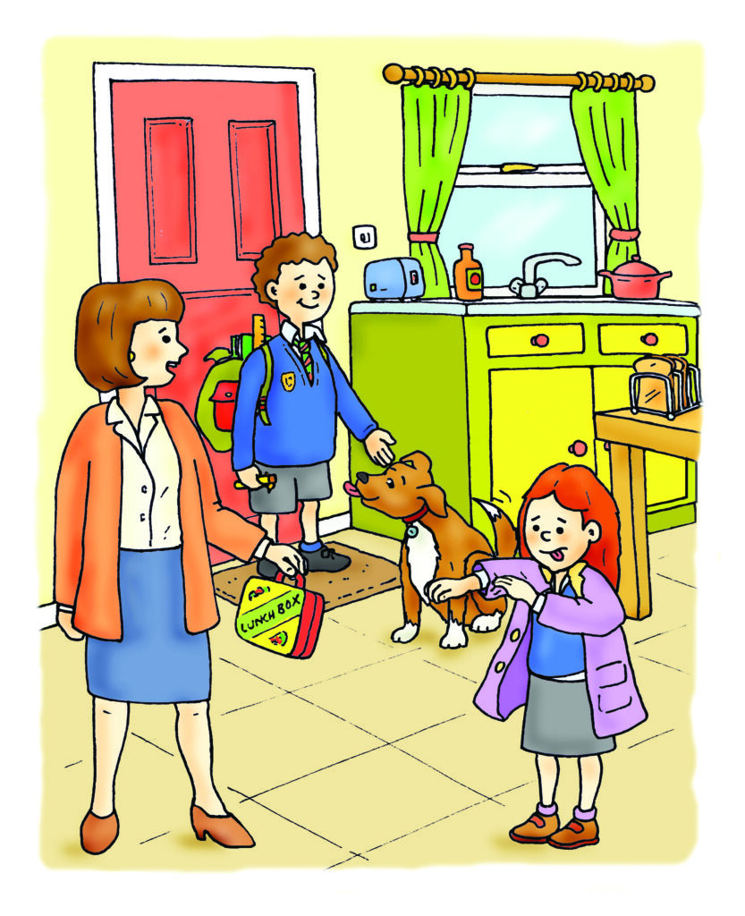 Illustration of Kate in school rushing to talk to her teacher Mrs Thomas.