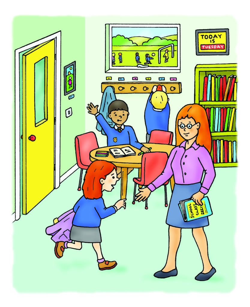 Illustration of Kate holding her mummy's hand on her way to the hospital along with Sam.