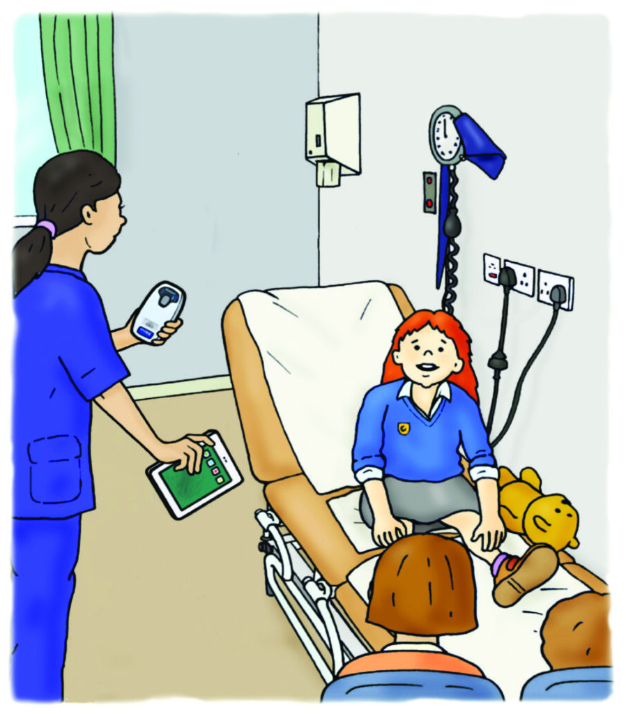 Illustration of Kate in hospital sitting on a bed speaking to a physiologist.