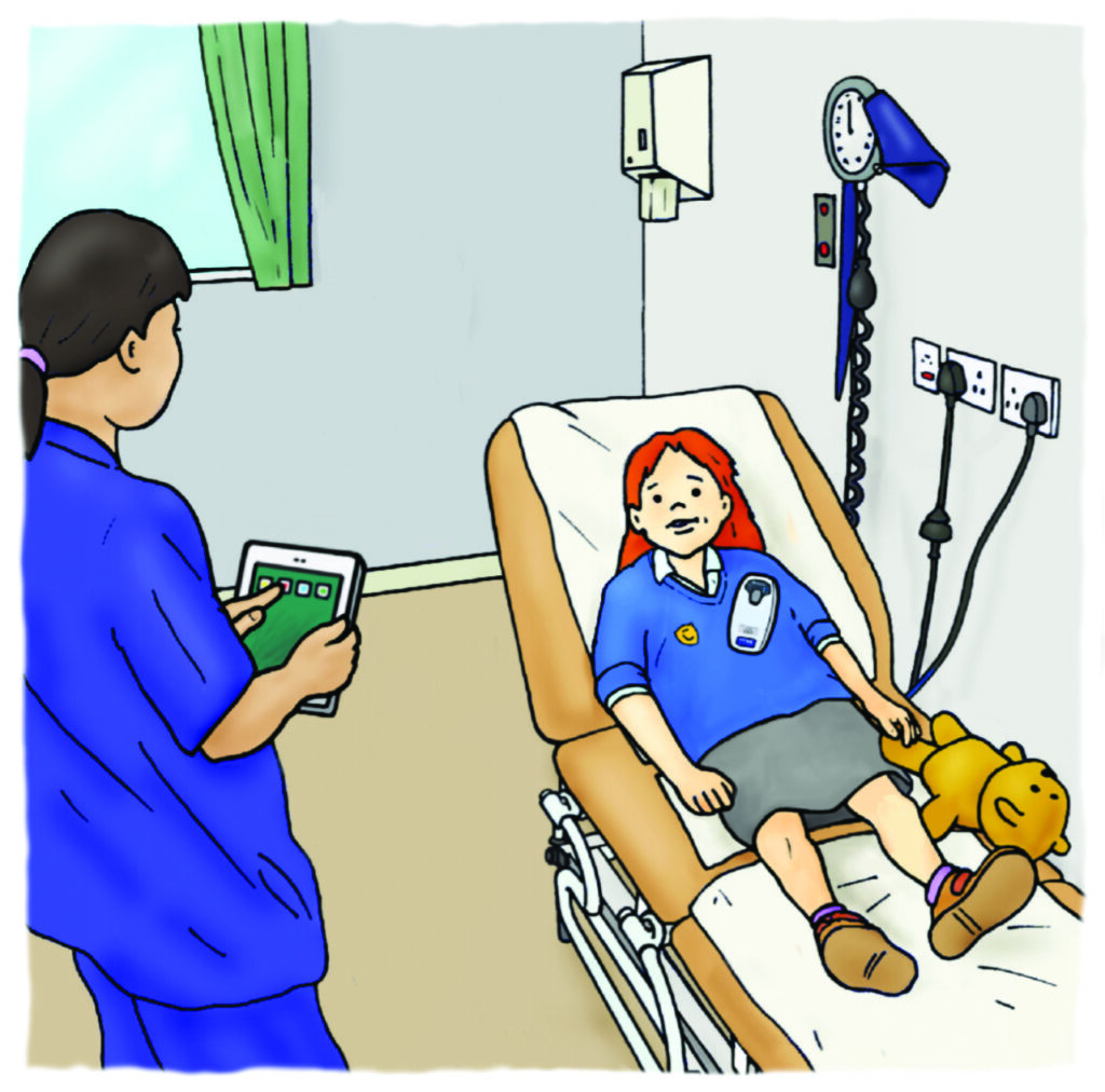 Illustration of Kate in hospital laying on a hospital bed. She has a small machine on her chest that the physiologist is using to talk to her pacemaker.