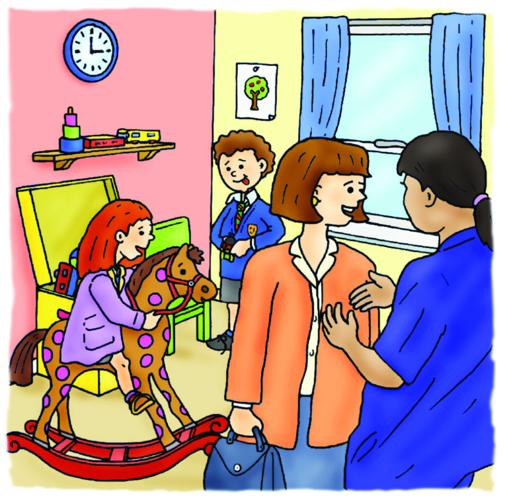 Illustration of Kate and Sam in the hospital playroom. Kate is on a rocking horse. Her mummy is talking to the physiologist.