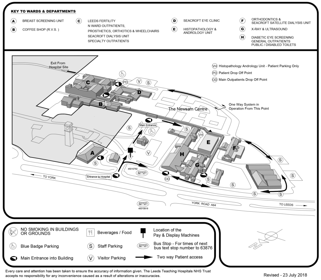 Map of the Seacroft Hospital site, showing the different buildings and location of the Wheelchair service