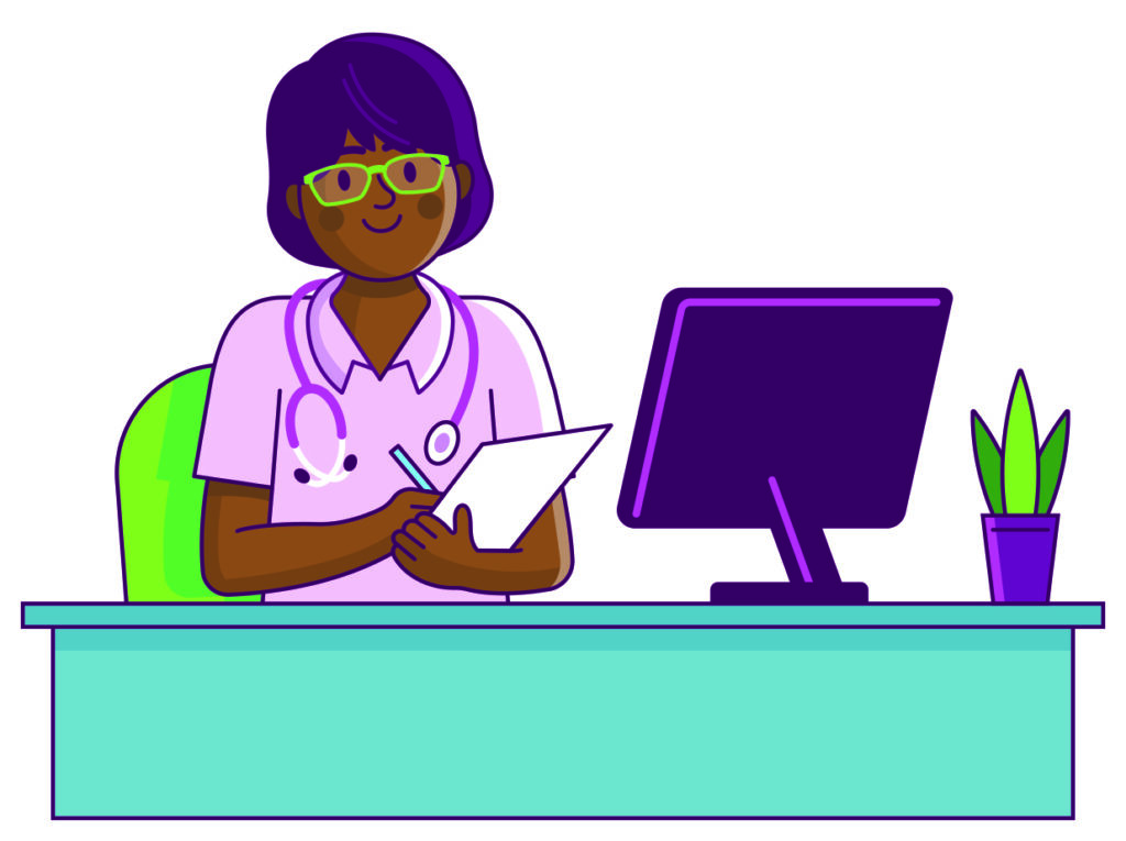 Illustration of a GP sitting behind their desk.