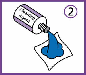 An illustration showing cleaning agent being poured on to a cloth.
