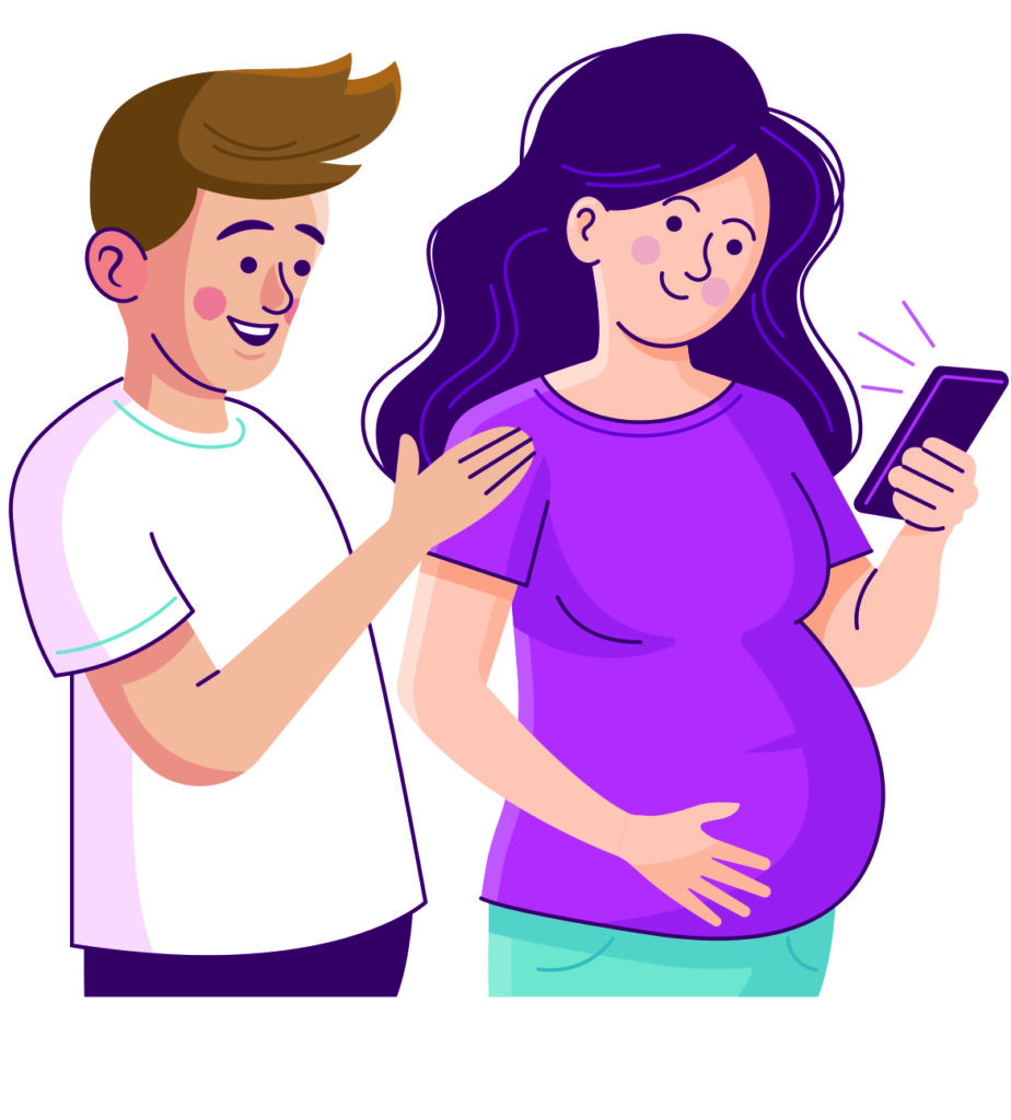 Illustration of a pregnant person and their partner looking at their phone.
