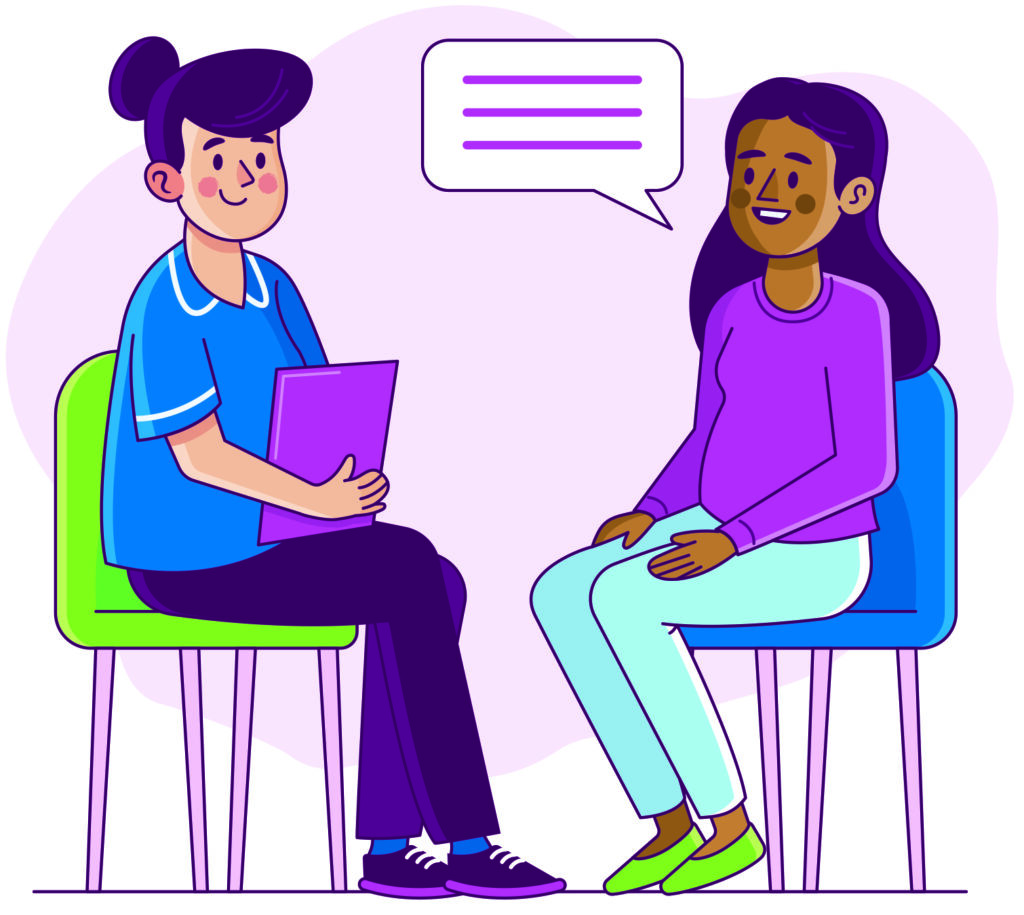 Illustration of a clinician speaking with a patient about her birthing experience.