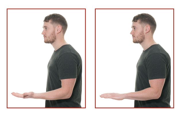 Photograph from the side of a person stood up, they have their elbows bent at right angles. In the first picture their hands are face upwards, in the second picture the hands are rotated so they are facing downwards.