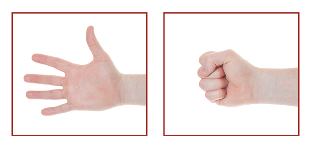 Two photographs of a hand, in the first picture the fingers are stretched open, in the second picture the hand is closed like a fist.