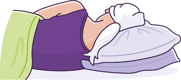 Illustration of someone laying in bed on their side, their head is raised on 2 pillows.