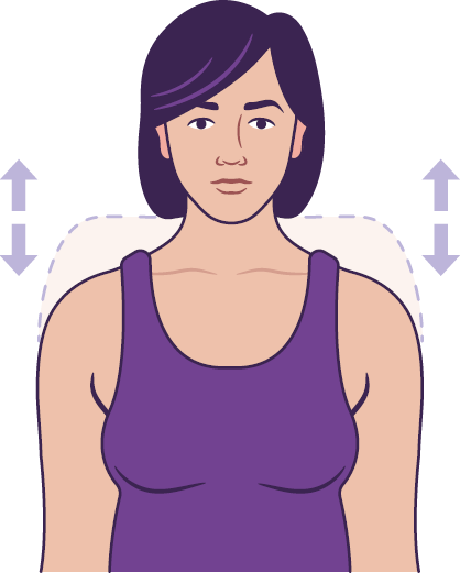 Illustration of a person doing the shoulder exercises described. The person has her shoulders relaxed, then raised upwards. This is shown with arrows.