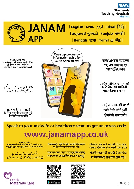 An image identifying the JANAM APP Information Poster provided by the Maternity Service. The poster is explained in the 7 downloadable languages &ndash; Bengali, Hindi, Gujarati, Punjabi, Urdu, Tamil and English.