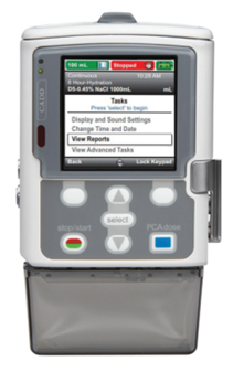 Photograph of a CADD pump. &copy; 2026 Copyright ICU Medical, Inc. or its Affiliates. All rights reserved.