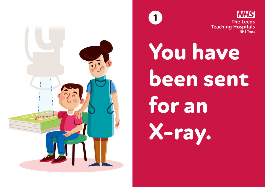 Illustration of a young person sat down with their arm having an X-Ray, there is a supportive adult next to them.