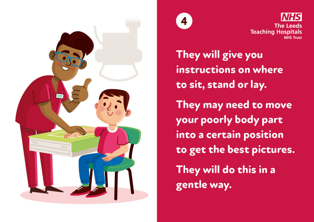 Illustration of radiographer moving the young person's arm into position below the X-Ray machine.