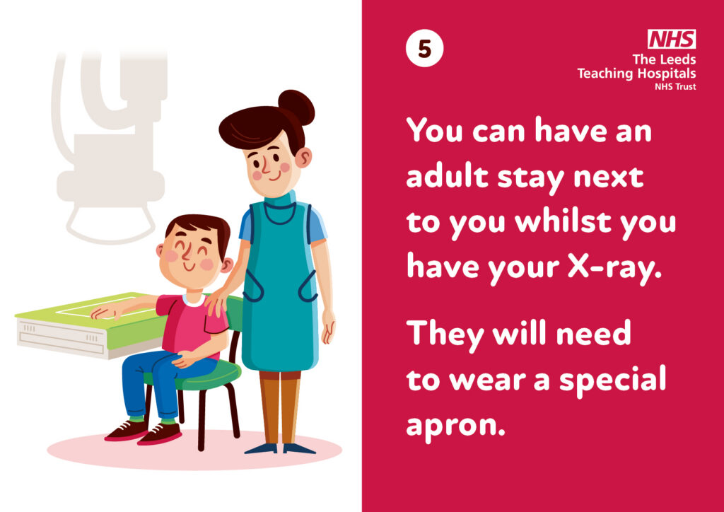 Illustration of a young person sat down with their arm having an X-Ray, there is a supportive adult next to them.