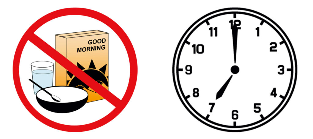 Illustration of cereal with a cross through it and Illustration of a clock showing 7 o'clock