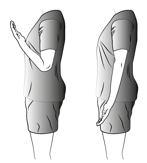 This picture shows the arm exercises; the left side shows the arm raised to shoulder height bending at the elbow. The right side shows the arm straighten at the elbow, fully down the side of the body. 