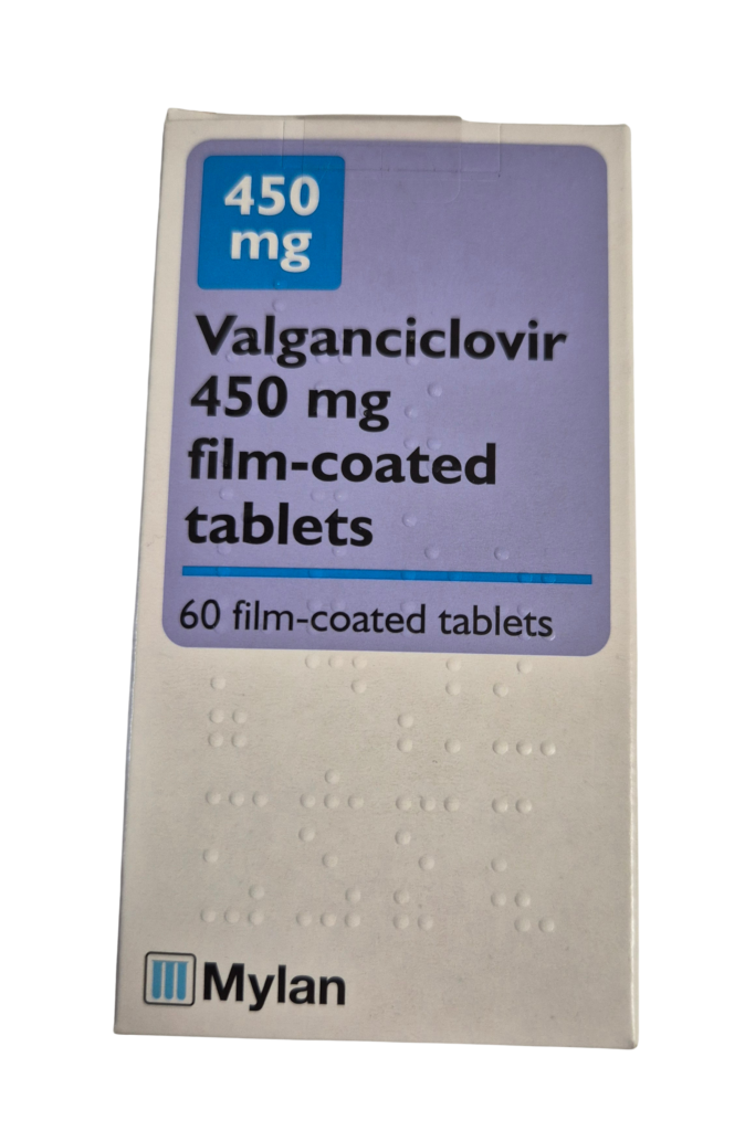 Medicine box labelled Valganciclovir 450 mg film-coated tablets (450 mg), manufactured by Mylan