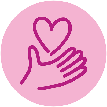 Leeds Teaching Hospitals NHS Trust The Leeds Way Values Kind Logo. Represented with a hand and a heart icons all contained within in a pink circle.