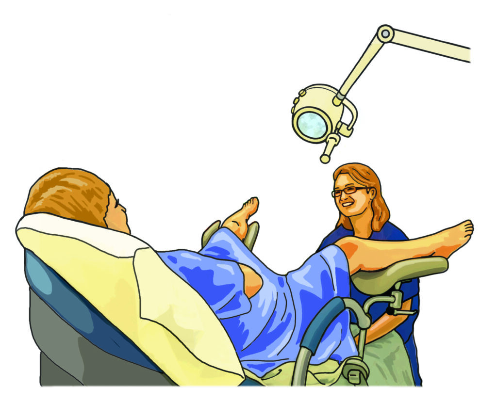 A patient sitting in an examination chair with their legs in supports for a pelvic examination by a gynaecology trained nurse or doctor.