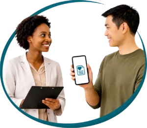 An image promoting the Health Passport through the organisation Know My Health Ltd. By representing a female nurse on the left with a clipboard and a male standing on the right holding a mobile phone with the logo of the Health Passport been shown.