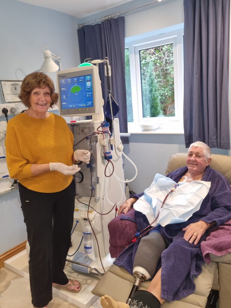 A patient receiving haemodialysis at home. Reg & Jan Phillips.