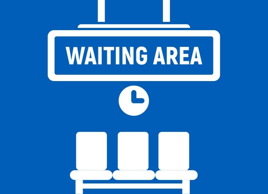 Blue and white graphic of a waiting room.